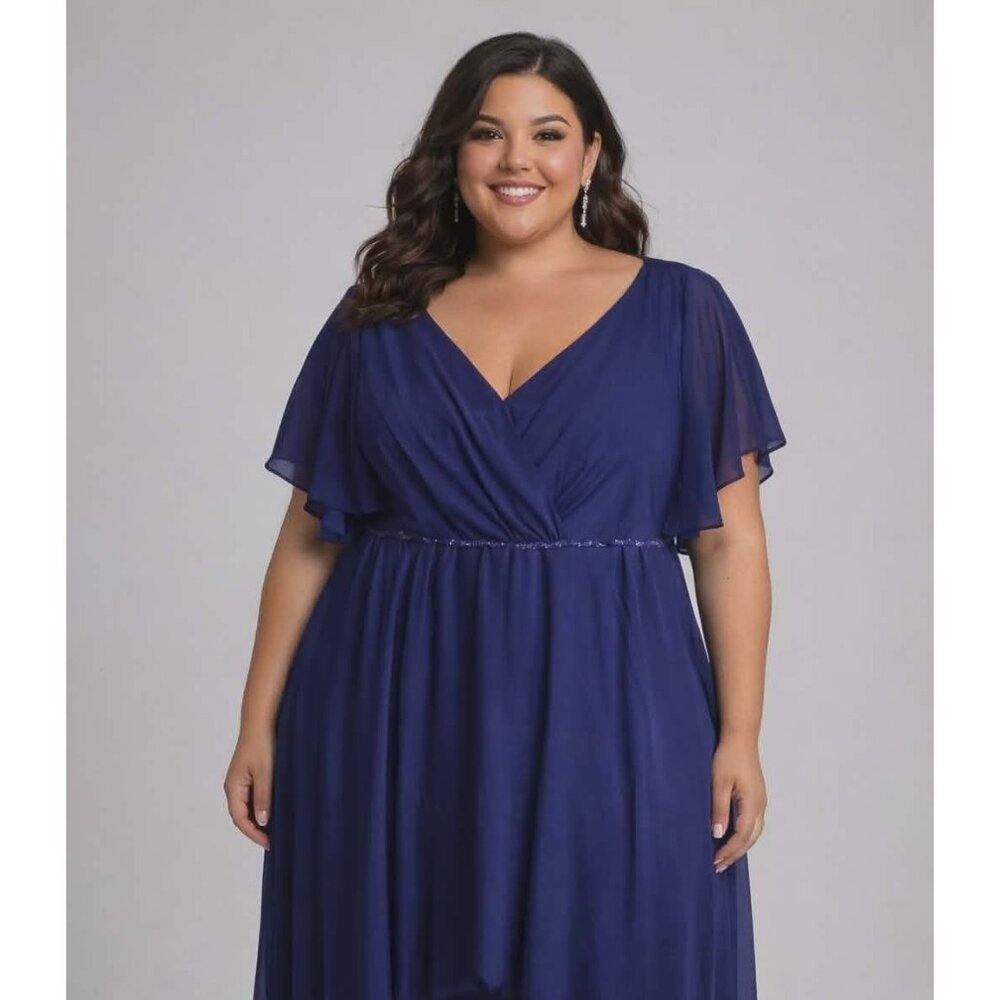 Evening Gown High-Low Blue Lace & Sequins Flutter Sleeves Plus Size Elegant